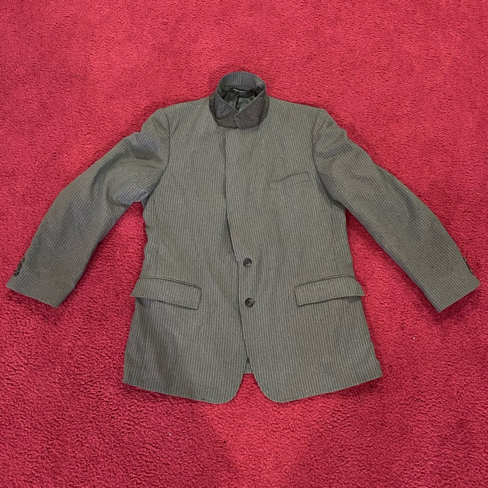Men's Gray Pinstripe Stand-Collar Blazer Jacket